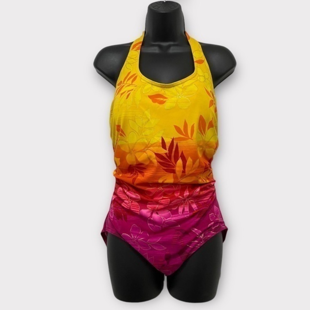 Islander Yellow Orange & Pink Ombré Floral Halter Swimsuit Size 10